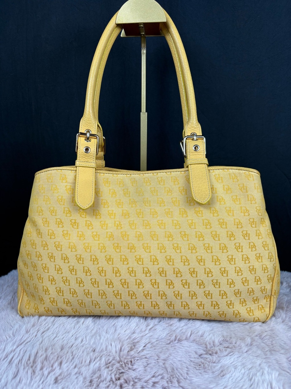 Dooney & Bourke Vintage Signature DB Monogram Yellow Canvas Leather Trim Satchel